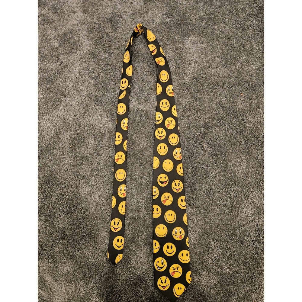 Ralph Marlin Men's Black Yellow Emoji Pattern Tie 100% Polyester 1995